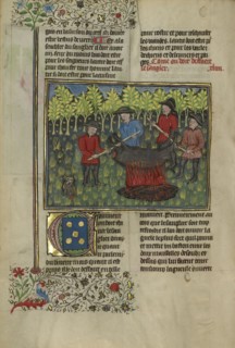 Hunters Dismembering a Boar's Carcass; Brittany, France; about 1430 - 1440; Tempera colors, gold paint, silver paint, and gold