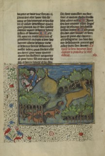 A Hunter and Dogs Pursuing a Stag; Brittany, France; about 1430 - 1440; Tempera colors, gold paint, silver paint, and gold leaf