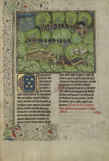 A Hunter and Dogs Pursuing Reindeer; Brittany, France; about 1430 - 1440; Tempera colors, gold paint, silver paint, and gold