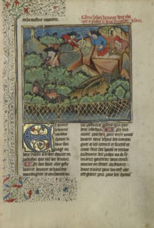 A Hunter and Dogs Pursuing Wild Goats; Brittany, France; about 1430 - 1440; Tempera colors, gold paint, silver paint, and gold