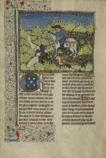A Hunter and Dogs Killing a Wild Boar; Brittany, France; about 1430 - 1440; Tempera colors, gold paint, silver paint, and gold