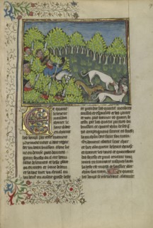 Hunters and Dogs Killing a Wolf; Brittany, France; about 1430 - 1440; Tempera colors, gold paint, silver paint, and gold leaf on