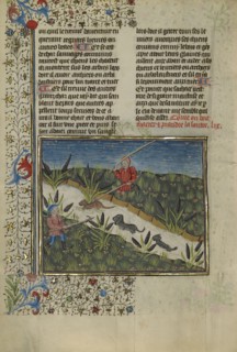 A Hunter and Dogs Attacking an Otter; Brittany, France; about 1430 - 1440; Tempera colors, gold paint, silver paint, and gold