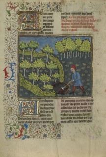 A Hunter Wounding a Wild Boar Caught in a Pit; Brittany, France; about 1430 - 1440; Tempera colors, gold paint, silver paint