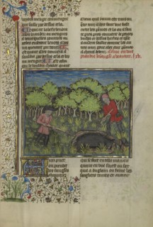 A Hunter Wounding a Wild Boar Caught in a Pit; Brittany, France; about 1430 - 1440; Tempera colors, gold paint, silver paint