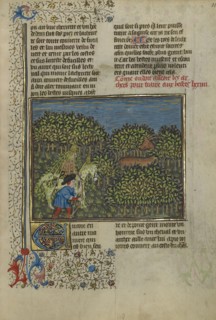 A Camouflaged Horseman and an Archer Approaching a Deer; Brittany, France; about 1430 - 1440; Tempera colors, gold paint, silver