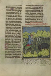 An Archer on a Platform Shooting at a Wallowing Wild Boar; Brittany, France; about 1430 - 1440; Tempera colors, gold paint