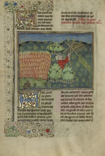 A Hunter Netting Hares; Brittany, France; about 1430 - 1440; Tempera colors, gold paint, silver paint, and gold leaf on