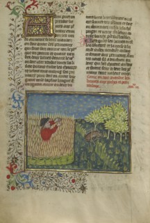A Hunter and a Netted Hare; Brittany, France; about 1430 - 1440; Tempera colors, gold paint, silver paint, and gold leaf on