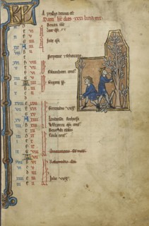 Men Pruning Trees; Bruges, possibly, Belgium; mid-1200s; Tempera colors, gold leaf, and ink on parchment; Leaf: 23.5 x 16.5 cm