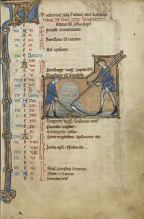 Men Mowing; Bruges, possibly, Belgium; mid-1200s; Tempera colors, gold leaf, and ink on parchment; Leaf: 23.5 x 16.5 cm