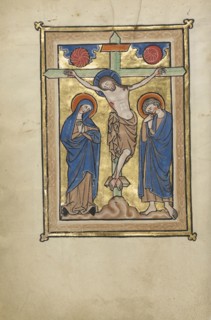 The Crucifixion; Bruges, possibly, Belgium; mid-1200s; Tempera colors, gold leaf, and ink on parchment; Leaf: 23.5 x 16.5 cm