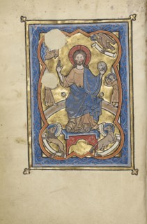 Christ in Majesty Surrounded by the Symbols of the Four Evangelists; Bruges, possibly, Belgium; mid-1200s; Tempera colors, gold