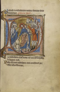 Initial D: The Betrayal of Christ; Bruges, possibly, Belgium; mid-1200s; Tempera colors, gold leaf, and ink on parchment; Leaf