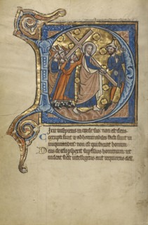 Initial D: The Way to Calvary; Bruges, possibly, Belgium; mid-1200s; Tempera colors, gold leaf, and ink on parchment; Leaf