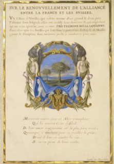 Escutcheon with a Landscape; Jacques Bailly, French, 1634 - 1679, Paris, France; about 1663 - 1668; Gouache and gold