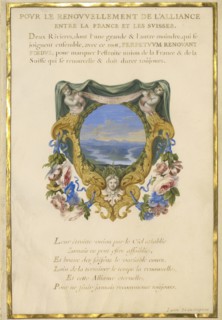 Escutcheon with a Landscape; Jacques Bailly, French, 1634 - 1679, Paris, France; about 1663 - 1668; Gouache, gold, and ink