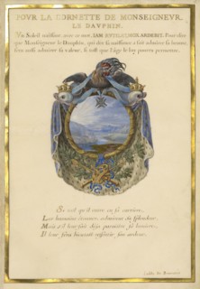 Escutcheon with a Landscape; Jacques Bailly, French, 1634 - 1679, Paris, France; about 1663 - 1668; Gouache, gold, and ink