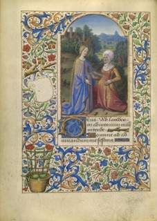 The Visitation; Jean Bourdichon, French, 1457 - 1521, Tours, France; about 1480–1485; Tempera colors, gold, and ink