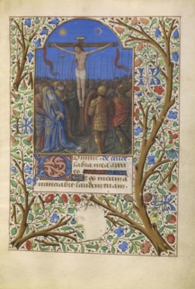 The Crucifixion; Jean Bourdichon, French, 1457 - 1521, Tours, France; about 1480 - 1485; Tempera colors, gold, and ink