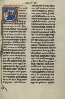 Initial E: Abishag before David on his Deathbed; Lille, probably, France; about 1270; Tempera colors, black ink, and gold leaf