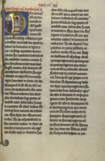 Initial P: Ahaziah Tumbling from a Window; Lille, probably, France; about 1270; Tempera colors, black ink, and gold leaf