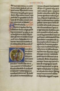 Initial O: Habakkuk with Food from God; Lille, probably, France; about 1270; Tempera colors, black ink, and gold leaf