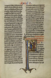 Initial F: Delivery of a Letter to Jews in Egypt; Lille, probably, France; about 1270; Tempera colors, black ink, and gold leaf