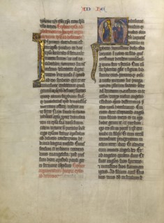 Initial M: Saint Paul Speaking to a Group from Judah; Tournai, Belgium; about 1260 - 1270; Tempera, gold leaf, and pen