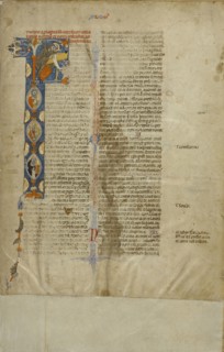 Initial F: Saints Jerome, Peter, Paul, and Dominic; Bologna, Emilia-Romagna, Italy; about 1280 - 1290; Tempera colors, gold leaf