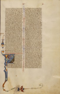 Initial F: Saul Dying; Bologna, Emilia-Romagna, Italy; about 1280 - 1290; Tempera colors, gold leaf, and ink on parchment; Leaf