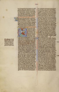 Initial O: Habakkuk with Food from God; Bologna, Emilia-Romagna, Italy; about 1280 - 1290; Tempera colors, gold leaf, and ink