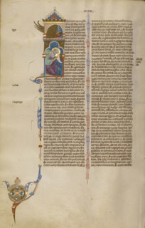 Initial I: Saint Mark with His Symbol; Bologna, Emilia-Romagna, Italy; about 1280 - 1290; Tempera colors, gold leaf, and ink
