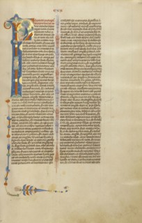 Initial F: Saint Luke with the Head of His Symbol; Bologna, Emilia-Romagna, Italy; about 1280 - 1290; Tempera colors, gold leaf