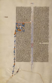 Initial S: Two Men Receive Peter's Letter; Bologna, Emilia-Romagna, Italy; about 1280 - 1290; Tempera colors, gold leaf, and ink