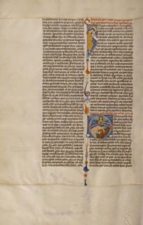 Initial A: Saint John Sleeping and an Angel with a Trumpet; Bologna, Emilia-Romagna, Italy; about 1280 - 1290; Tempera colors