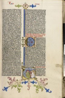 Initial T: Blind Tobit and the Angel; Circle of Stefan Lochner, German, died 1451, Cologne, Germany; about 1450; Gold leaf