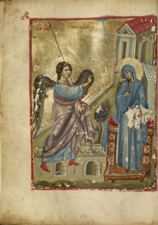 The Annunciation; Nicaea, Turkey; early 13th century - late 13th century; Tempera colors and gold leaf on parchment; Leaf