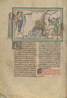 The Fifth Trumpet: The Angel of Destruction and the Locusts; London, probably, England; about 1255 - 1260; Tempera colors, gold