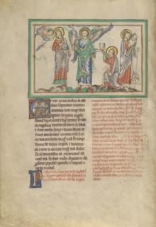 Saint John Eats the Book Received from the Angel; London, probably, England; about 1255 - 1260; Tempera colors, gold leaf