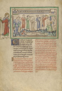 The Unburied Bodies of the Two Witnesses and the Rejoicing People; London, probably, England; about 1255 - 1260; Tempera colors