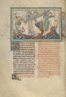 The Battle between the Angel and the Dragon; London, probably, England; about 1255 - 1260; Tempera colors, gold leaf, colored