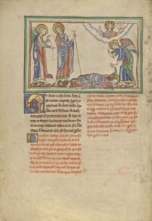 Saint John Praying to the Angel; London, probably, England; about 1255 - 1260; Tempera colors, gold leaf, colored washes, pen