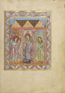 The Annunciation; Mainz, Germany; about 1025 - 1050; Tempera colors and gold on parchment; Ms. Ludwig V 2, fol. 18