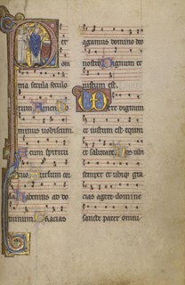 Initial P: A Priest and a Ministrant before an Altar; Lyon, France; begun after 1234 - completed before 1262; Tempera colors