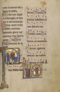 Initial P: A Priest and Two Deacons before an Altar; Monogram VD: Ecclesia and Synagoga; Lyon, France; begun after 1234