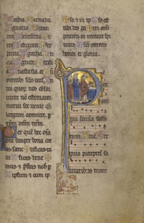 Initial P: A Priest and Two Deacons before an Altar; Lyon, France; begun after 1234 - completed before 1262; Tempera colors