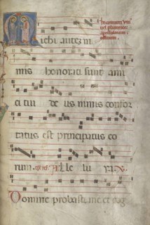 Initial M: Two Apostles; Jacobellus of Salerno, Italian, active about 1270, Bologna, Emilia-Romagna, Italy; about 1270; Tempera