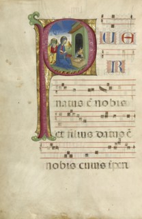 Initial P: The Adoration of the Christ Child and The Annunciation to the Shepherds; Northern Italy, Italy; about 1460 - 1480