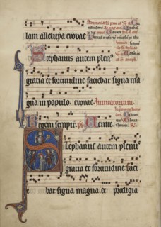 Initial S: The Stoning of Saint Stephen; Northeastern France, France; about 1260 - 1270; Tempera colors, gold leaf, silver